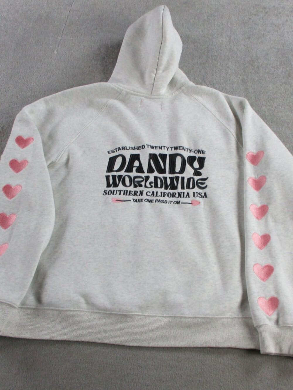 Dandy Worldwide Hoodie Womens Medium Gray Heather Pink Heart Sleeves Sweatshirt - Picture 2 of 10